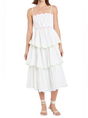 English Rose White Tiered Midi Dress with Pastel Scallop Trim
